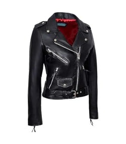 Black Leather Biker Jacket with Red Lining View 2