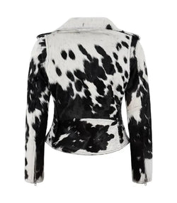 Black and White Cowhide Leather Biker Jacket View 2