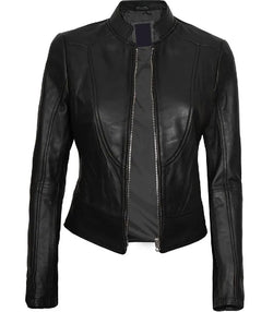 Womens Black Leather Cafe Racer Jacket View 2