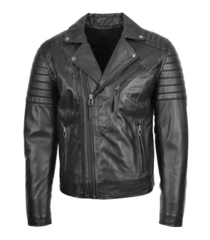 Black Dual-Zip Cross Leather Biker Jacket