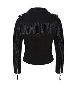 Black Fringe Suede Leather Biker Jacket View 3