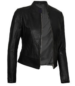 Womens Black Leather Cafe Racer Jacket View 3