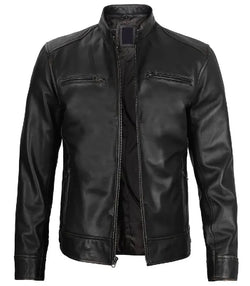 Men Black Leather Cafe Racer Jacket View 3