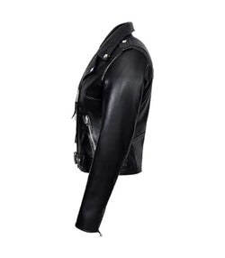 Black Leather Biker Jacket with Red Lining View 4