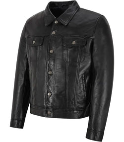 Black Leather Trucker Jacket View 3