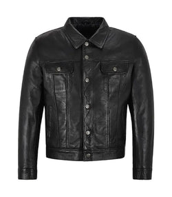 Black Leather Trucker Jacket View 1
