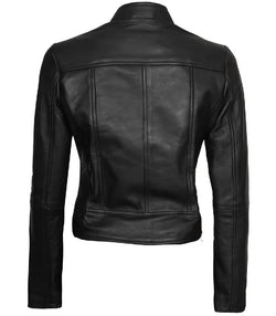 Womens Black Leather Cafe Racer Jacket View 4