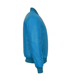 Blue Leather Bomber Jacket View 3