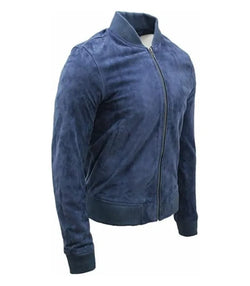Vintage Blue Suede Leather Bomber Jacket View 3