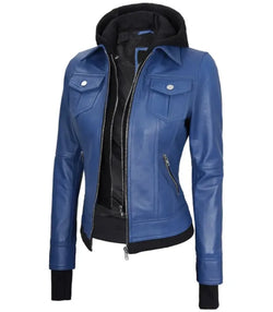 Womens Blue Hooded Leather Bomber Jacket View 3