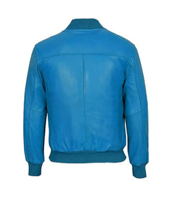 Blue Leather Bomber Jacket View 2