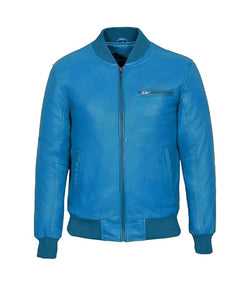 Blue Leather Bomber Jacket View 1