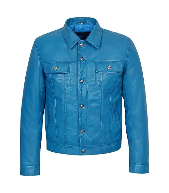 Blue Leather Trucker Jacket
