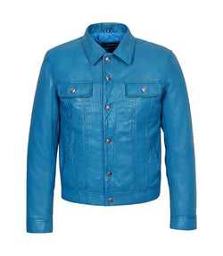 Blue Leather Trucker Jacket View 1
