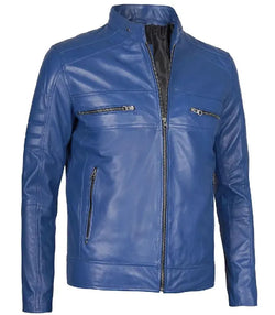Mens Blue Cafe Racer Leather Jacket View 3