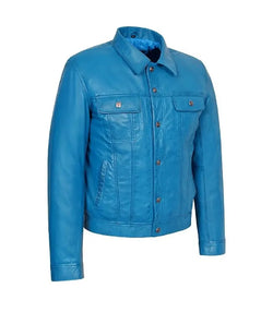Blue Leather Trucker Jacket View 3