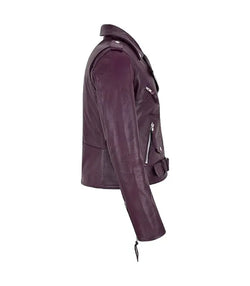 Womens Brando Purple Leather Biker Jacket View 4