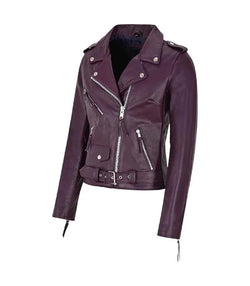 Womens Brando Purple Leather Biker Jacket View 3