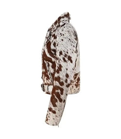 Brown and White Cowhide Leather Biker Jacket View 4