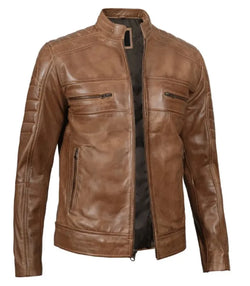 Tan Cafe Racer Leather Jacket View 4