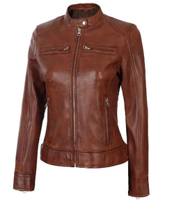 Womens Brown Leather Cafe Racer Jacket View 3