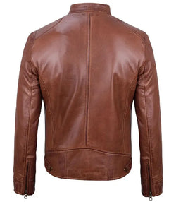 Men Brown Leather Cafe Racer Jacket View 2
