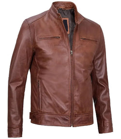 Men Brown Leather Cafe Racer Jacket View 4