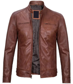 Men Brown Leather Cafe Racer Jacket View 3