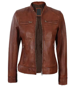 Womens Brown Leather Cafe Racer Jacket View 2