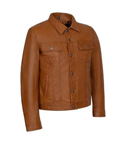 Brown Leather Trucker Jacket View 3