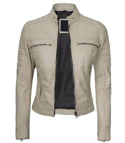 Women Cafe Racer Beige Leather Jacket View 2
