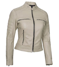 Women Cafe Racer Beige Leather Jacket View 3