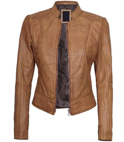 Womens Cafe Racer Camel Brown Leather Jacket View 2