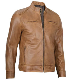 Mens Cafe Racer Camel Brown Leather Jacket View 3