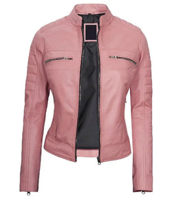 Women Cafe Racer Pink Leather Jacket View 2