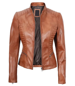 Womens Cafe Racer Tan Leather Jacket View 2