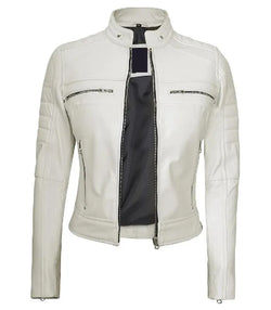 Women Cafe Racer White Leather Jacket View 2
