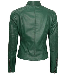 Women Cafe Racer Green Leather Jacket View 4