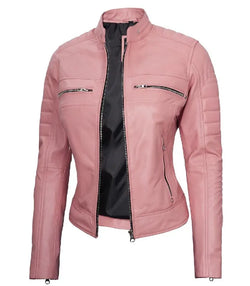 Women Cafe Racer Pink Leather Jacket View 3