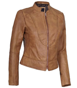 Womens Cafe Racer Camel Brown Leather Jacket View 3