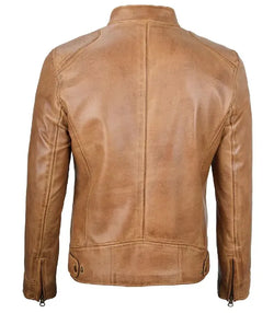 Mens Cafe Racer Camel Brown Leather Jacket View 4