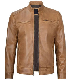 Mens Cafe Racer Camel Brown Leather Jacket View 2