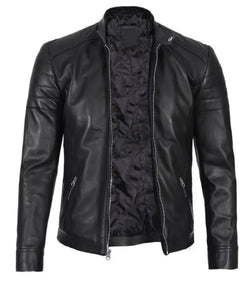 Men Classic Black Leather Cafe Racer Jacket View 3