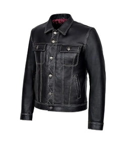 Classic Black Leather Trucker Jacket View 3