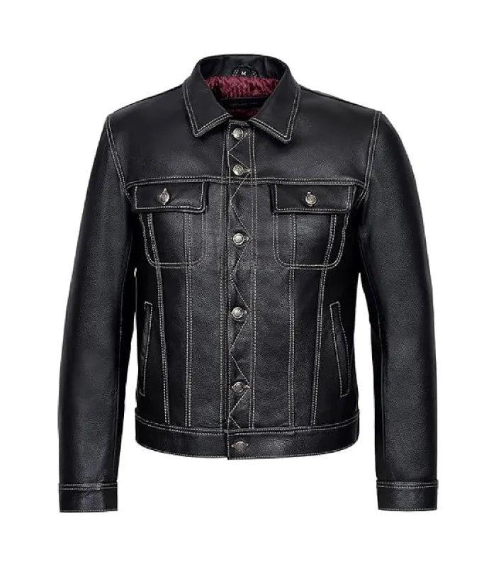 Classic Black Leather Trucker Jacket