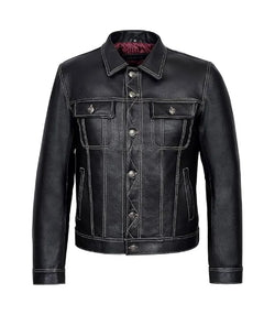 Classic Black Leather Trucker Jacket View 1