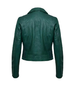 Womens Classic Green Biker Leather Jacket View 2