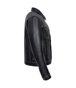 Classic Black Leather Trucker Jacket View 4