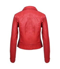 Womens Classic Red Leather Biker Jacket View 2