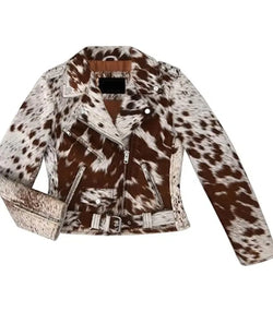 Brown and White Cowhide Leather Biker Jacket View 3